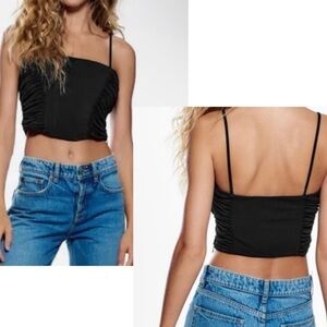 Zara black ruched corset bustier crop top spaghetti straps Sz S